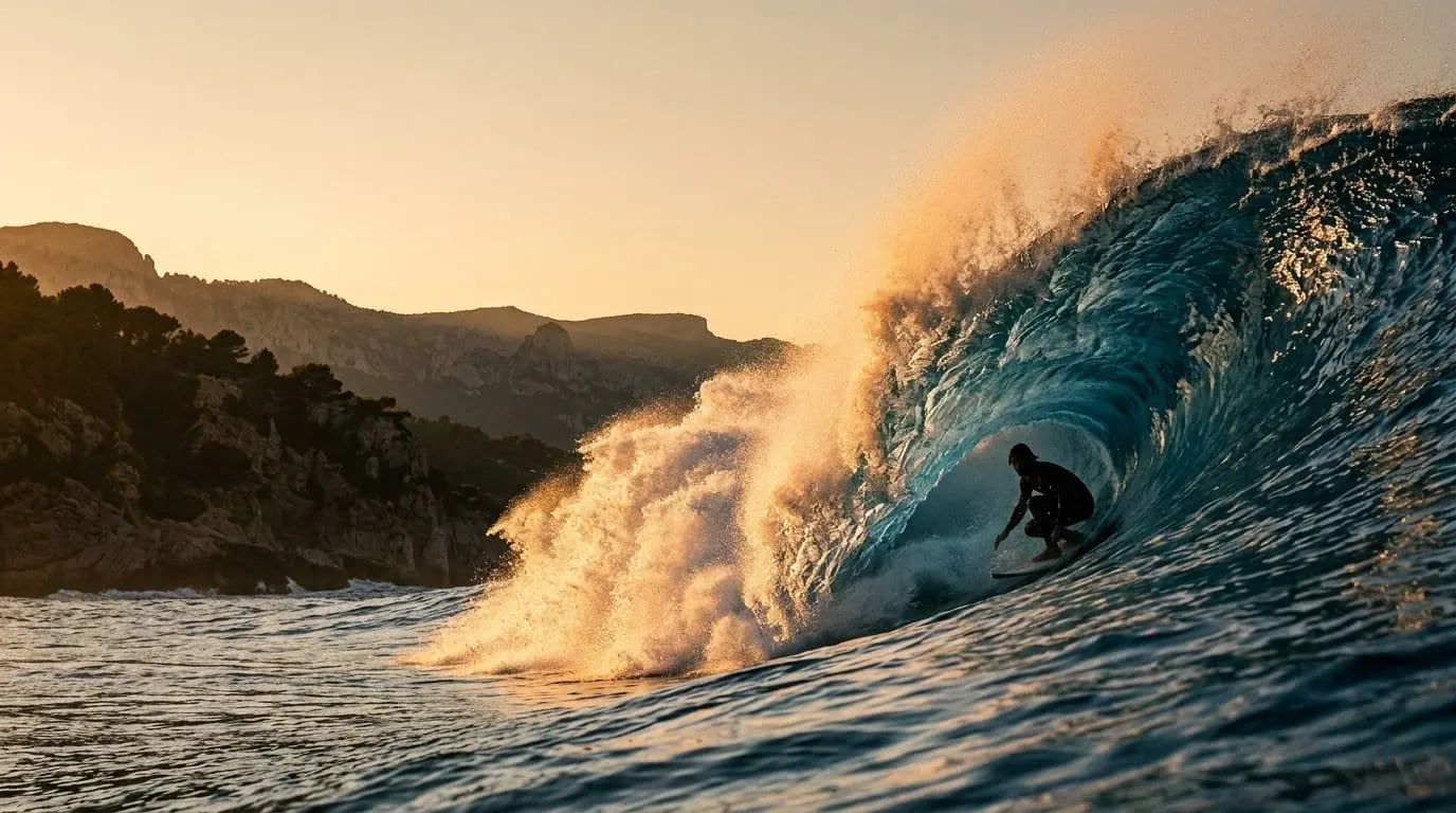 Surfista dentro un'onda al tramonto, scogliera sullo sfondo
