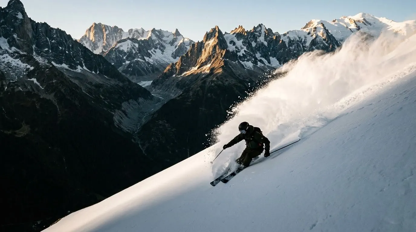 Sciatore in neve fresca con le cime alpine alle spalle