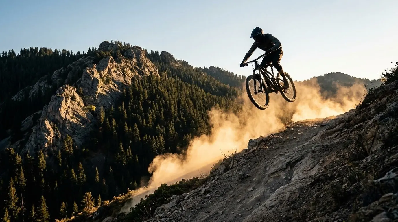 Rider in mountain bike in volo su un sentiero di cresta